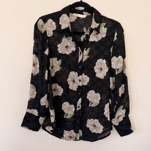 ZARA Floral Black Sheer Blouse Size S
